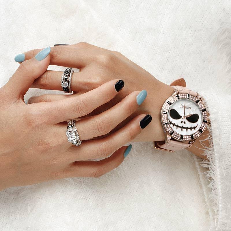 Jeulia "Magic at Midnight" Skull Design Quartz Pink Leather Watch with Mother-of-Pearl Dial