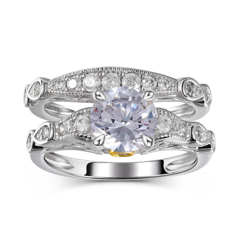 Jeulia Classic Scrollwork Round Cut Sterling Silver Ring Set