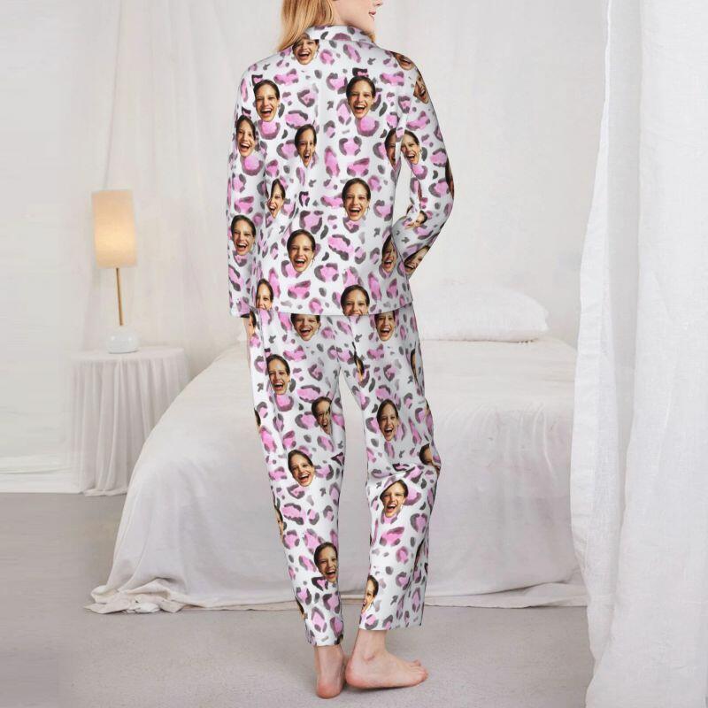 Personalized Pajamas Custom Photo Pinkish Purple Leopard Print Design Exquisite Gift for Her