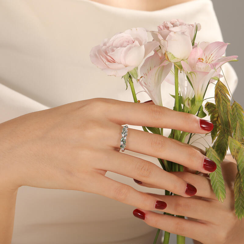 Jeulia Olivetta Moss Agate Ring for Women Sterling Silver