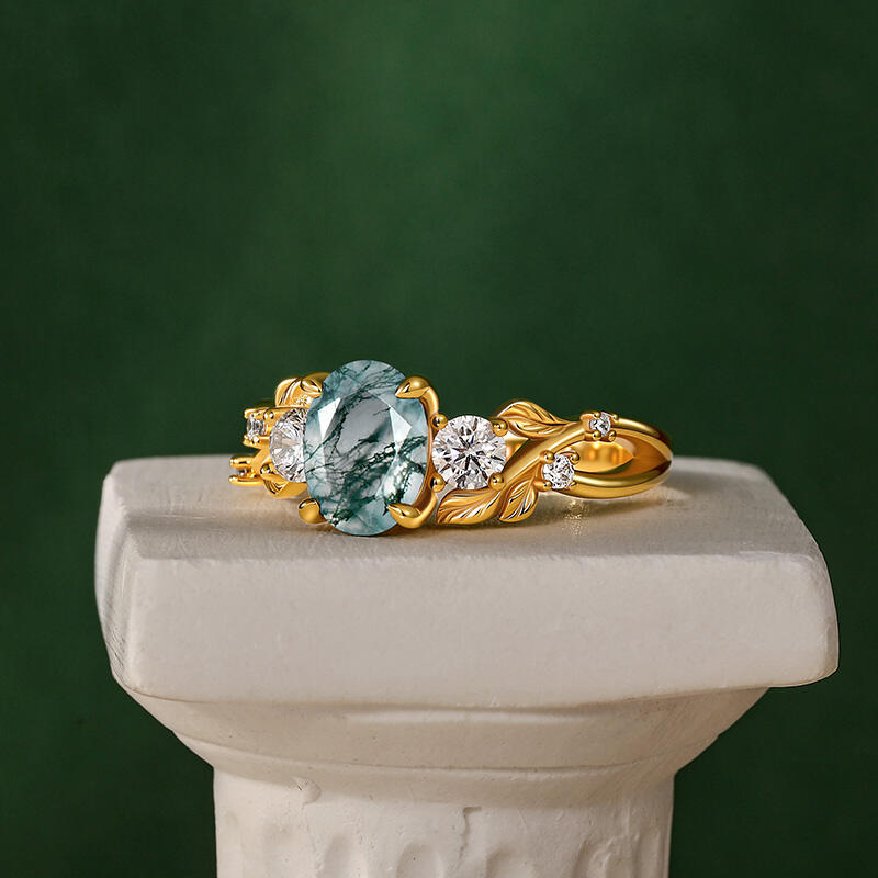 Jeulia Bypass Oval Moss Agate Engagement Ring