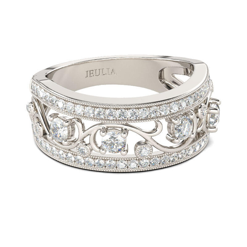 Jeulia Milgrain Scrollwork Round Cut Sterling Silver Women's Band