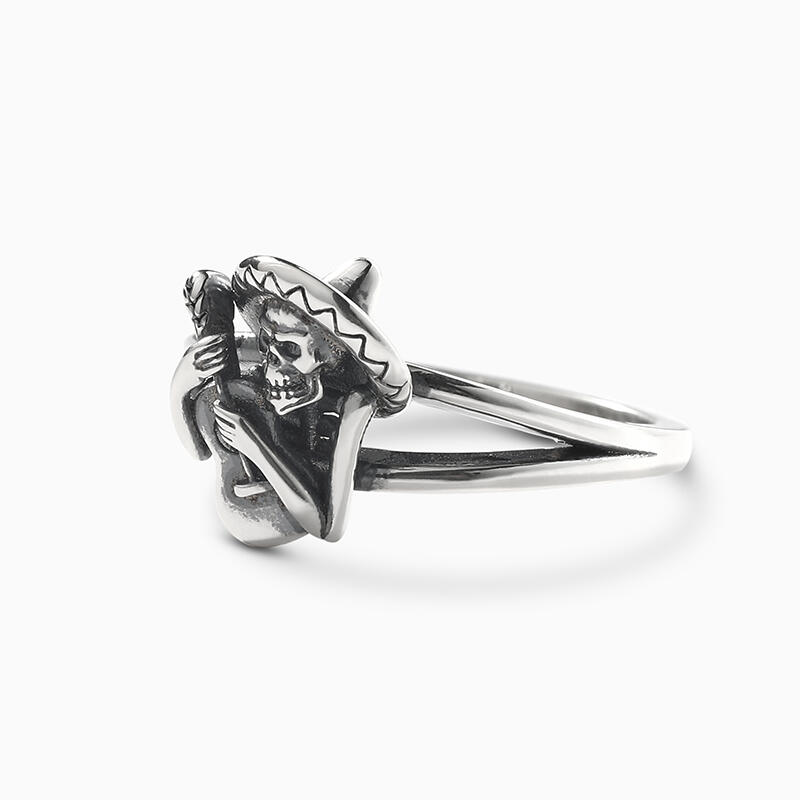 Jeulia Anillo estilo oscuro de calavera y guitarra de plata de ley