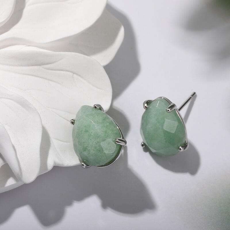 Jeulia "Soothing Energy" Pear Shaped Natural Green Aventurine Stud Earrings