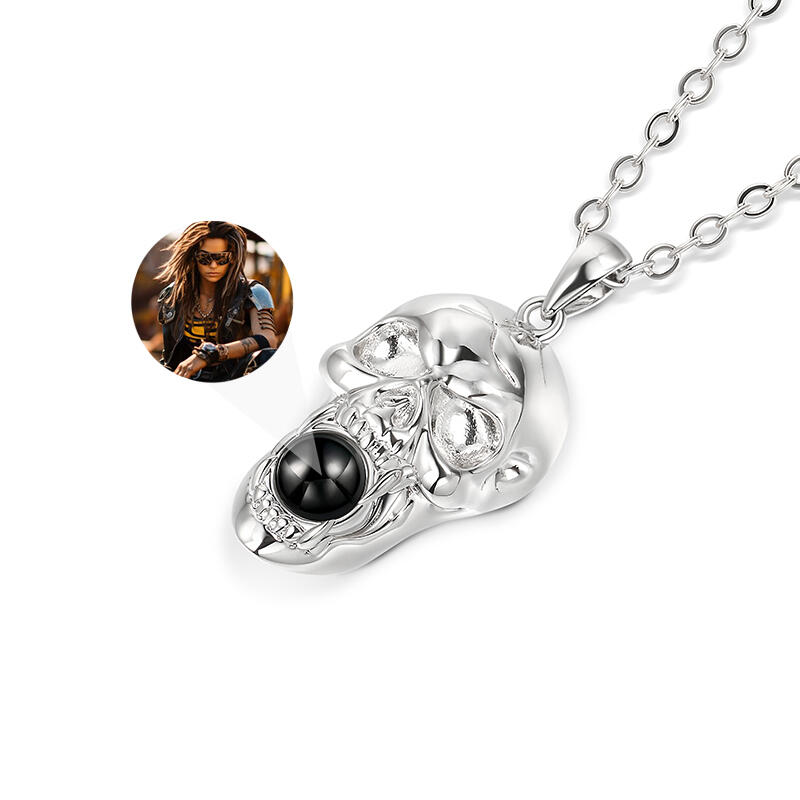 Jeulia スカル 髑髏デザイン 写真 入れ 投影 シルバー ネックレス