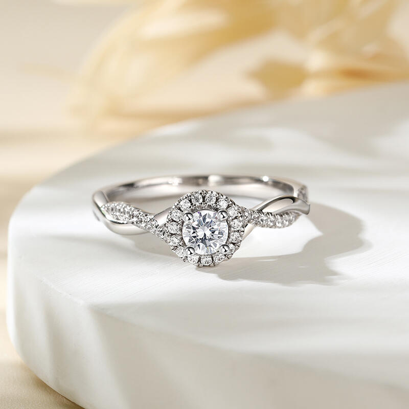 Jeulia Anillo de Compromiso Redondo Halo Plata Esterlina Diseño Torcido
