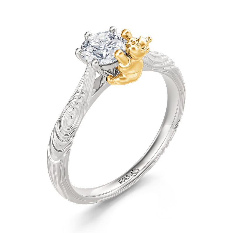 Jeulia Hug Me Anillo de Plata Esterlina Grano de Madera de Oso de Dibujos Animados de Corte Redondo