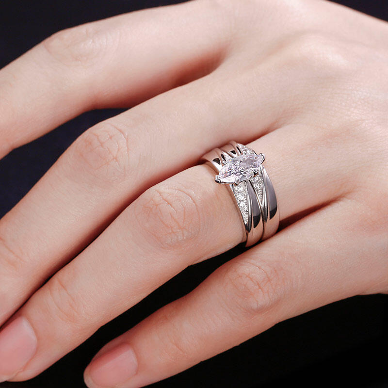 Jeulia Juego De Anillos Diagonal Corte Marquesa En Plata Esterlina