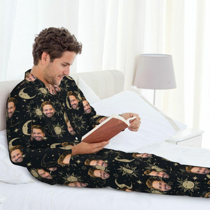Gepersonaliseerde pyjama op maat met foto Artistiek zon maan patroon ontwerp prachtig cadeau voor hem familie