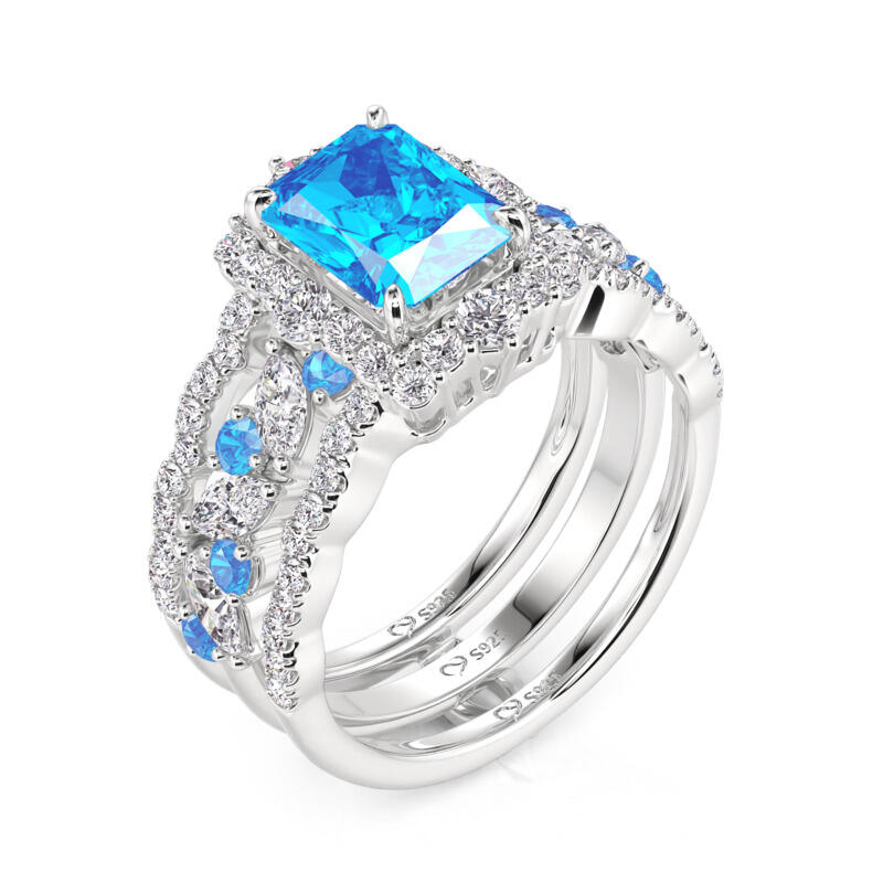 Jeulia Set Anelli Nuziali Personalizzati Taglio Radiante con Alone e Enhancer a Ondulato