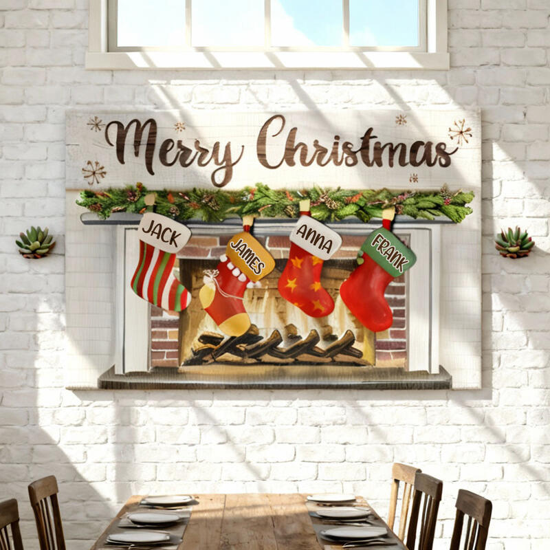 Personalized Name Canvas Wall Art with Christmas Stockings Pattern Funny Gift for Family