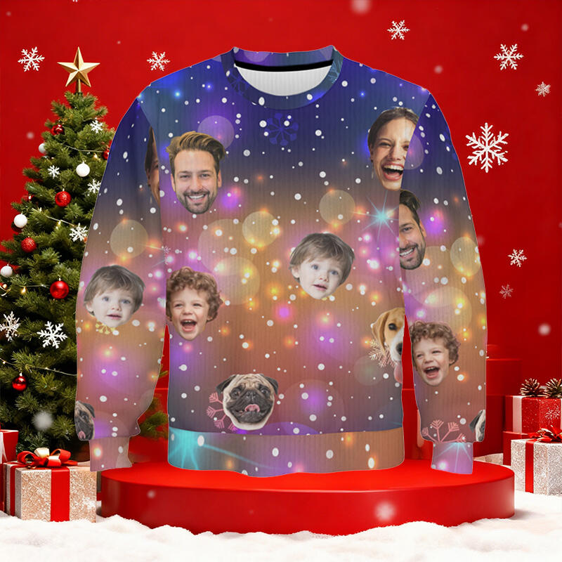 Personalized Ugly Sweater Unisex Custom Face Photo Dreamy Lights Design Perfect Christmas Gift for Family