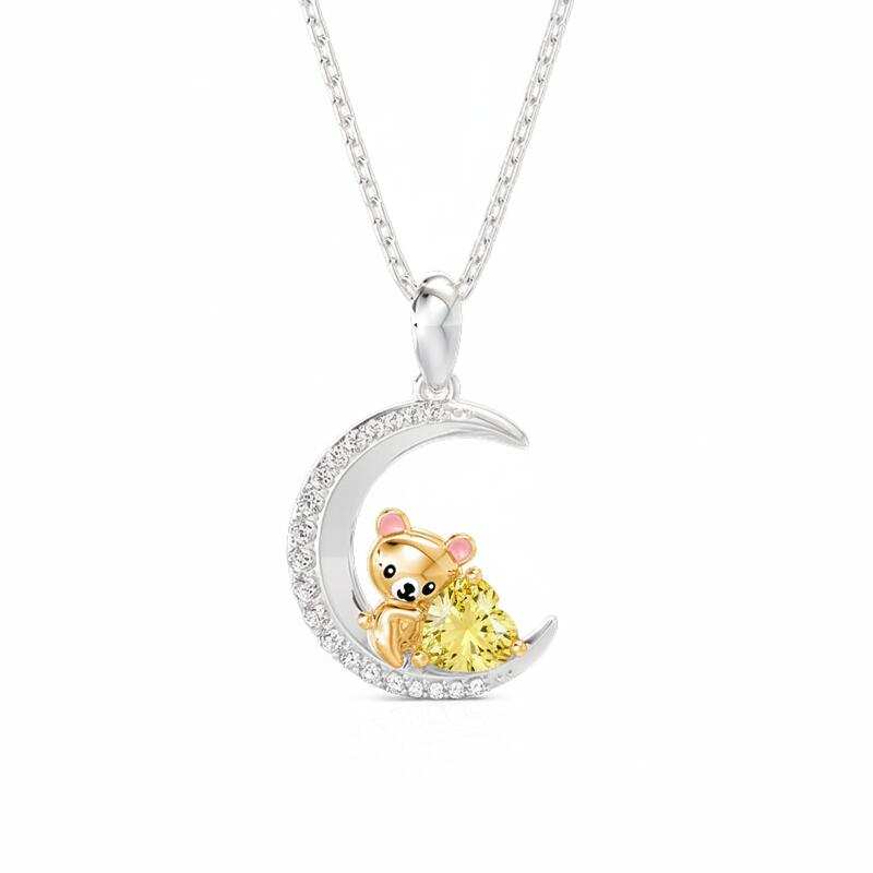 Jeulia Hug Me Custom Teddy Bear Moon Necklace With Birthstone