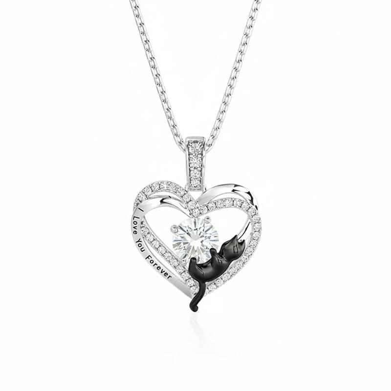 Jeulia Custom Black Cat Double Heart Necklace With Birthstone