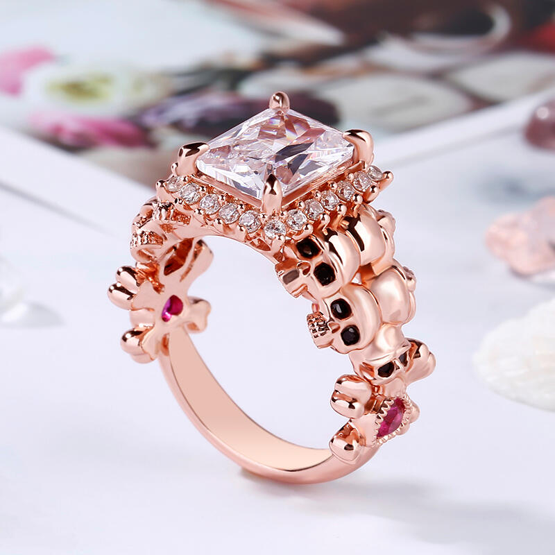 Jeulia Halo Radiant Cut Heart Sterling Silver Skull Ring