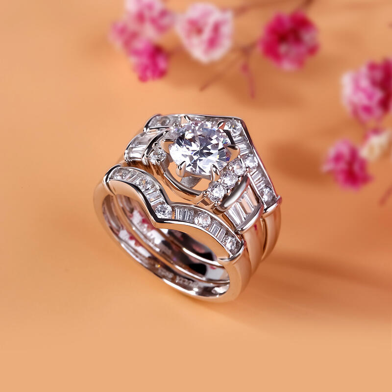 Jeulia 3PC Art Deco Round Cut Sterling Silver Ring Set