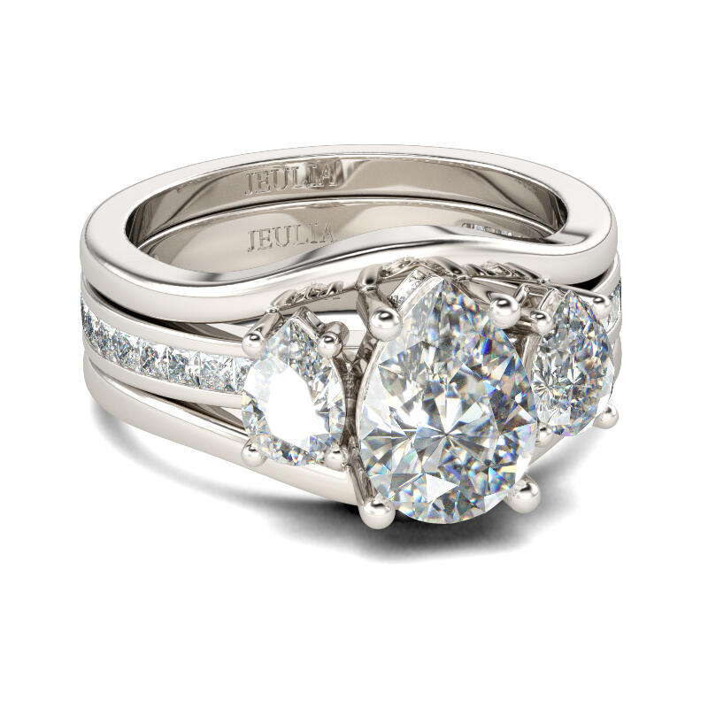 Jeulia Three Stone Pear Cut Sterling Silver Ring Set