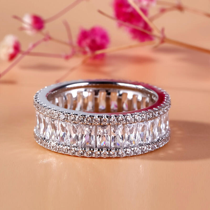 Jeulia Anel de casamento feminino baguete em prata de lei