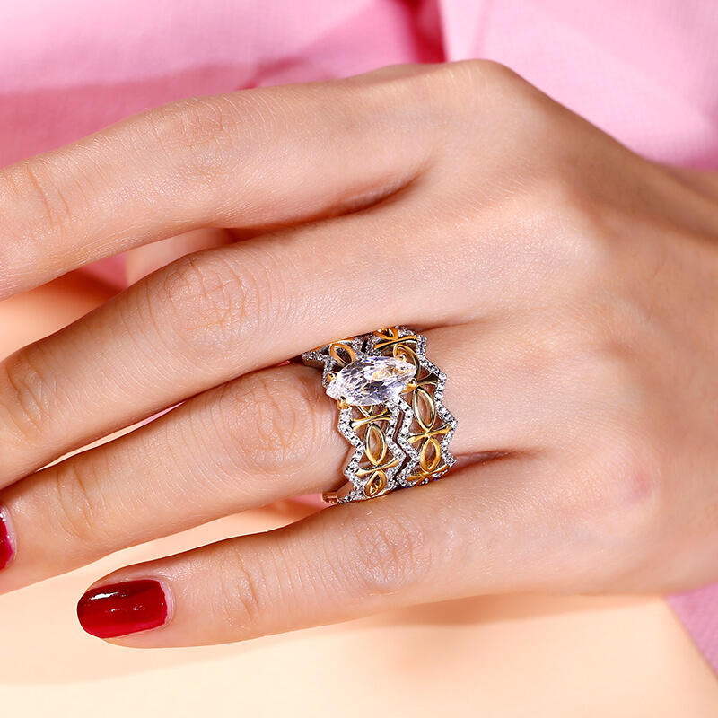 Jeulia "Sé tu reina" Juego de anillos de plata de ley de corte marquesa en dos tonos