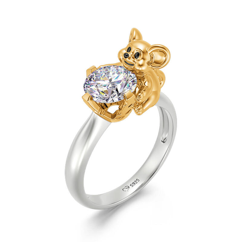 Jeulia Hug Me "Who Moved My Cheese" Mouse Round Cut Sterling Silver Ring