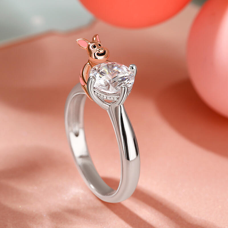 Jeulia Hug Me "Keep Innocence" Pink Pig Round Cut Sterling Silver Ring