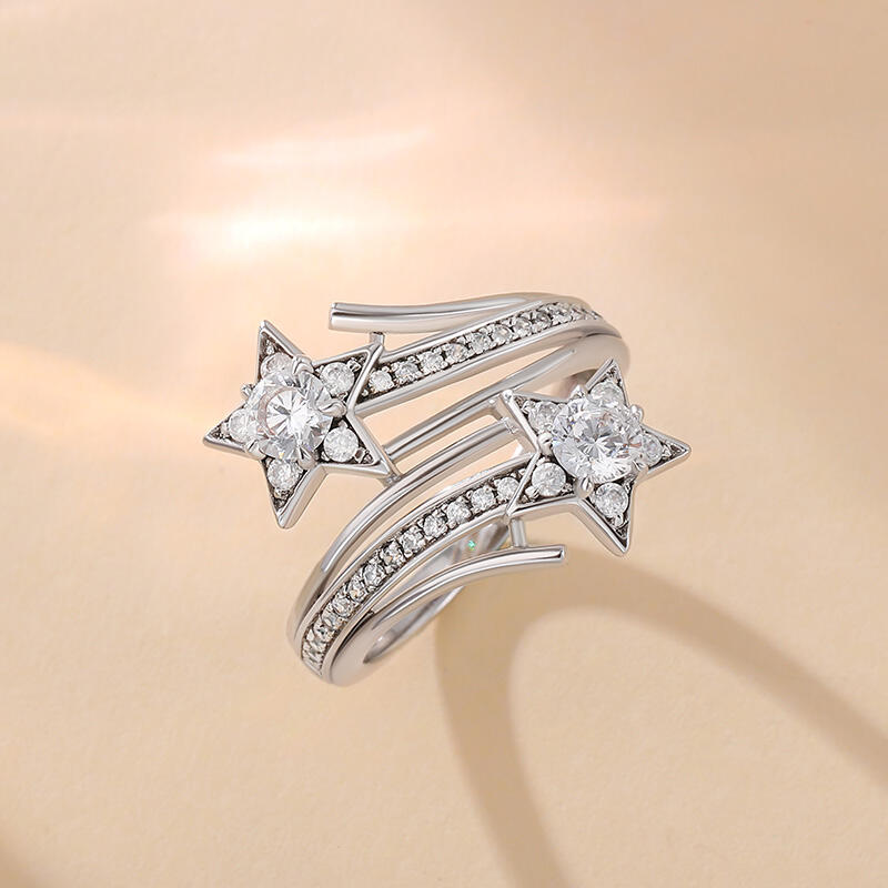 Jeulia Bypass Star Design Round Cut Sterling Silver Ring