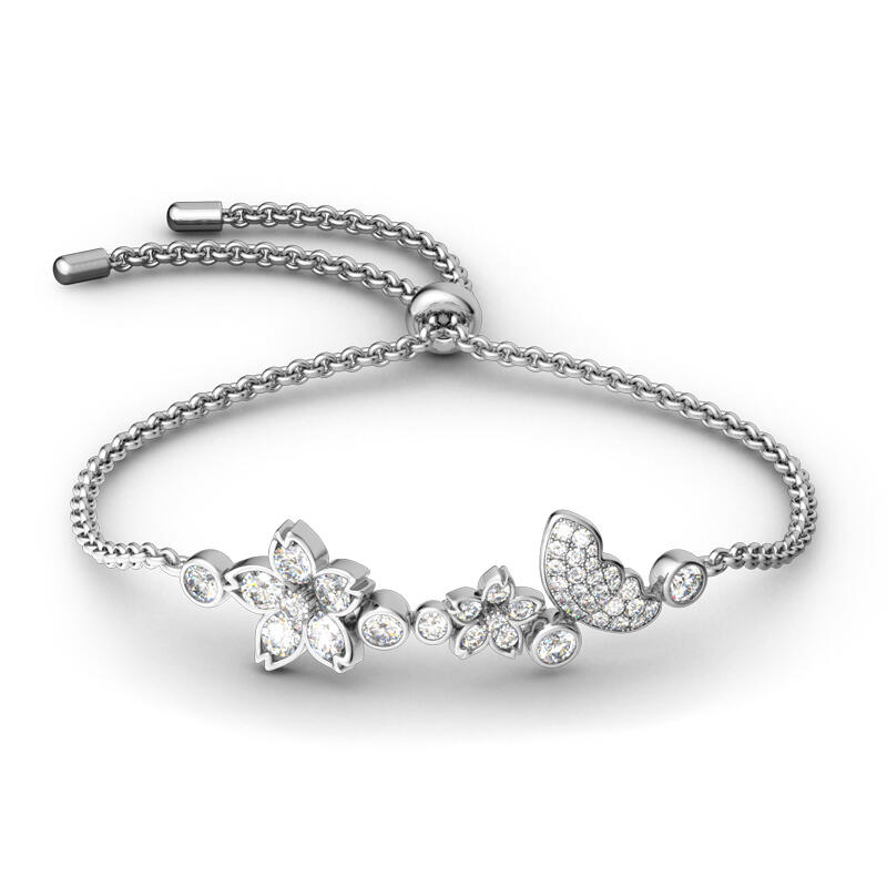 Jeulia Flower and Butterfly Sterling Silver Bolo Bracelet