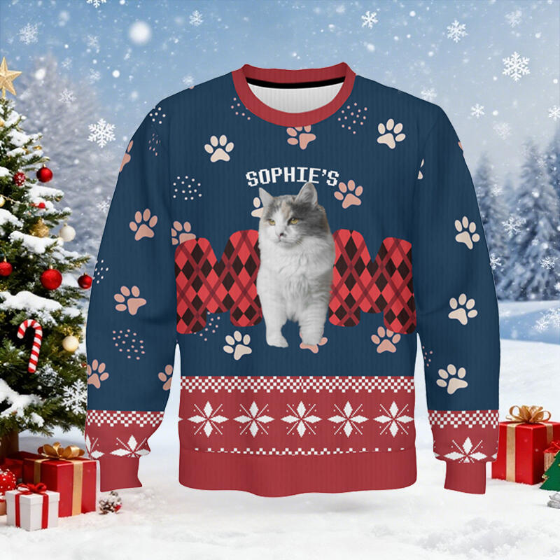 Personalized Ugly Sweater Unisex Pet's Mom Custom Photo Pawprints Design Cute Christmas Gift for Pet Lovers