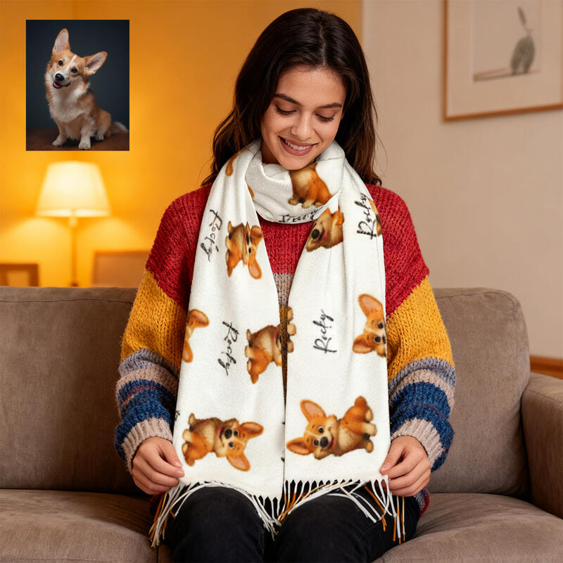 Custom Cartoon Scarf with Pet Photo and Cartoon Style Puppy Print Best Gift for Pet Owner