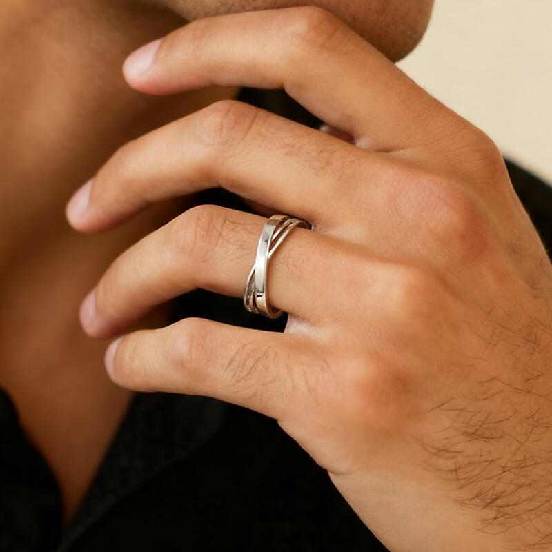 Jeulia Twist Crossover Ring for Men Sterling Silver
