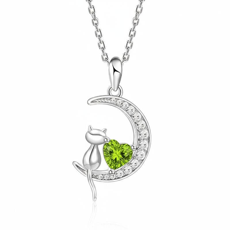 Jeulia 誕生石付きキャット＆ハート・ムーン・ネックレス