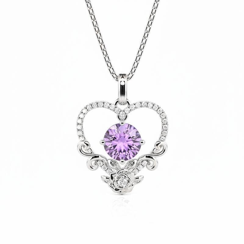 Jeulia Custom Birthstone Necklace Heart with Roses