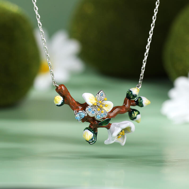 Jeulia "Almond Blossoms" Enamel Sterling Silver Necklace