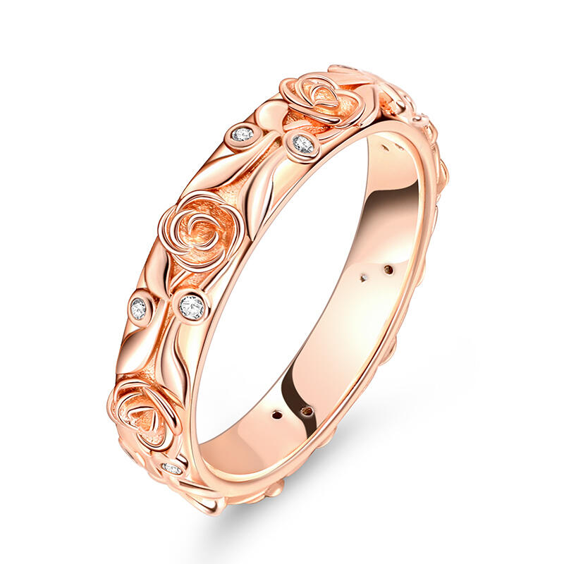 Jeulia Rose and Leaf Carved Unique Sterling Silver Women's Band