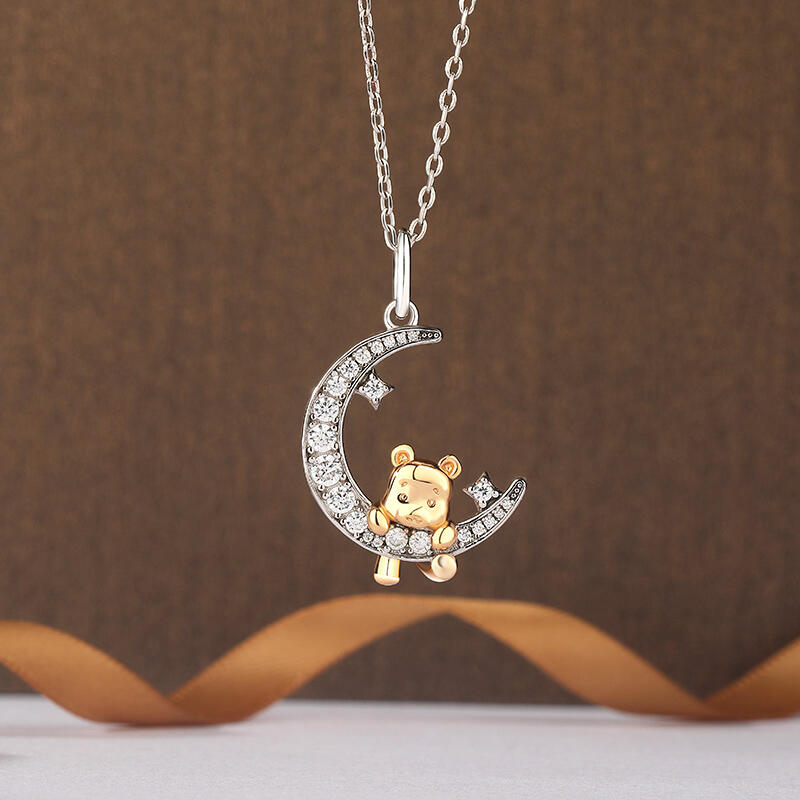 Jeulia Collar con Oso de Dibujos Animados Luna y Estrella en Plata