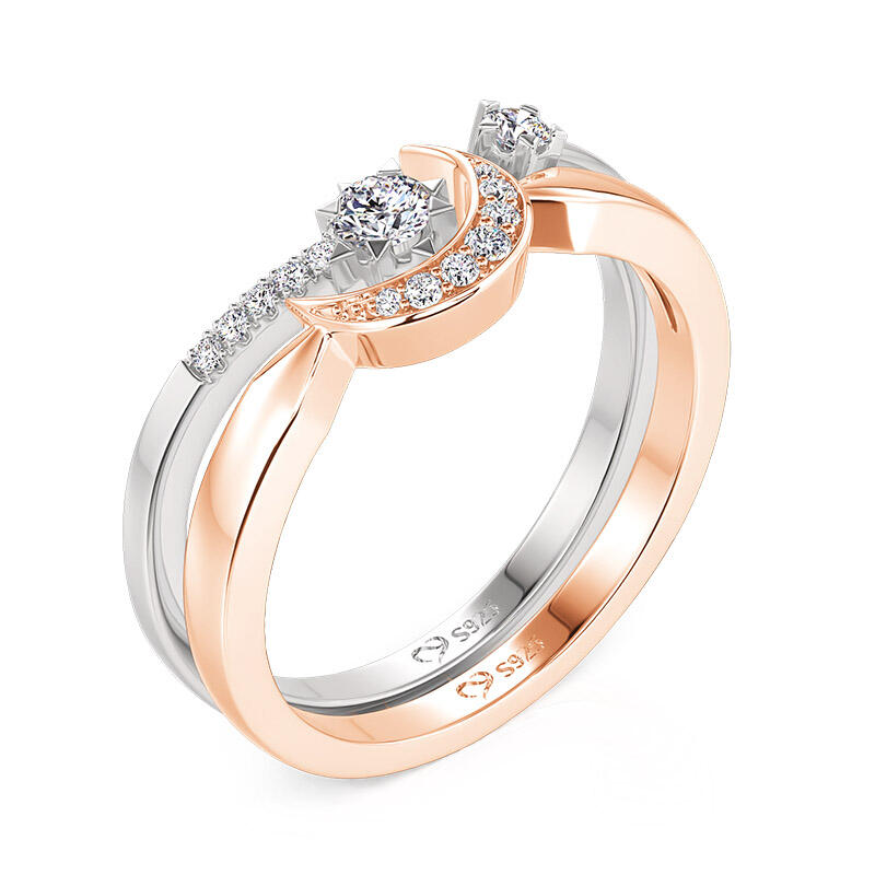 Jeulia Moon and Star Two Tone Puzzle Ring Set Sterling Silver
