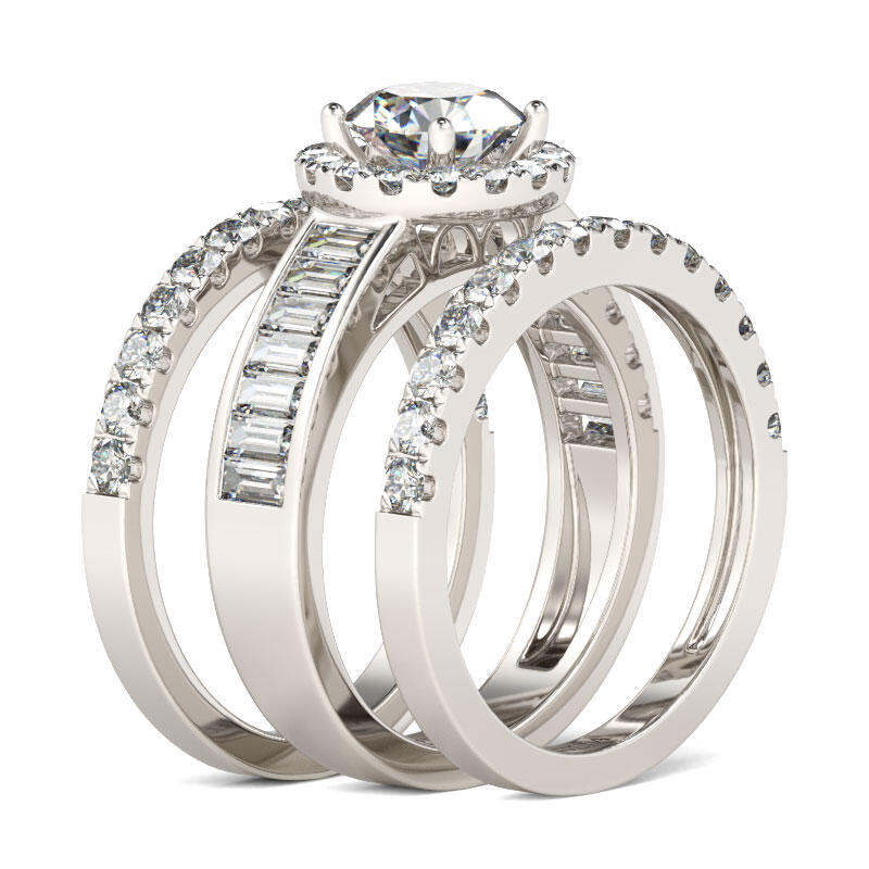 Jeulia 3PC Halo Round Cut Sterling Silver Ring Set