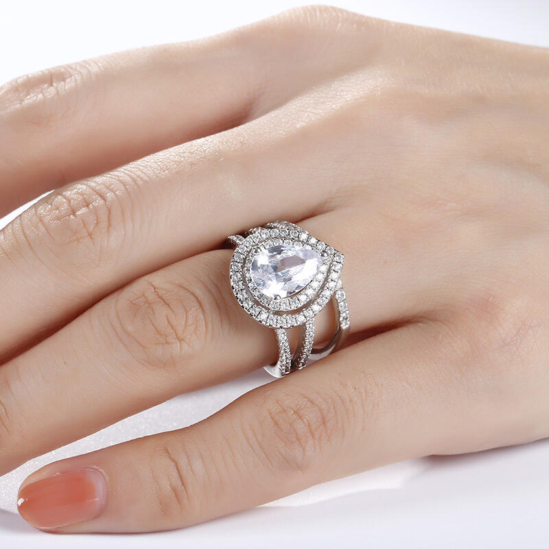 Jeulia Double Halo Pear Cut Sterling Silver Ring Set