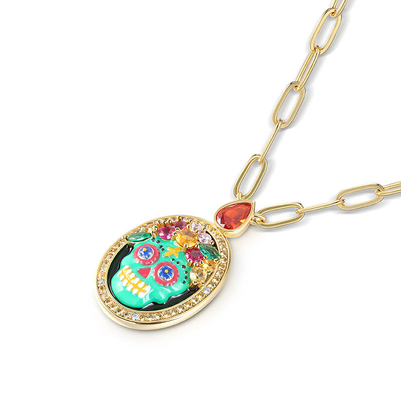Jeulia "Sugar Bone" Skull Enamel Sterling Silver Necklace