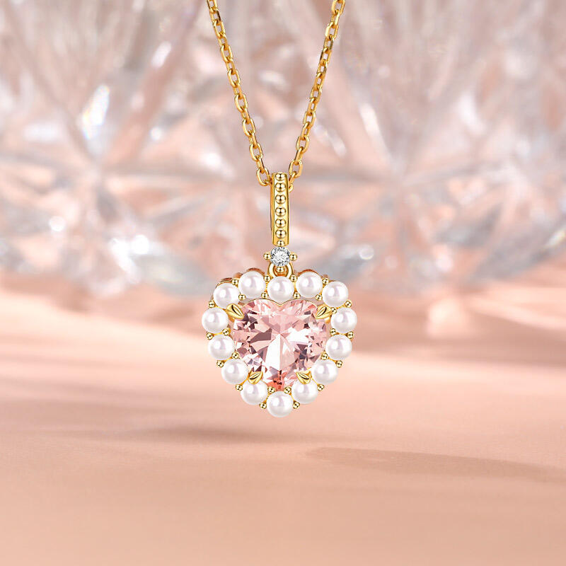 Jeulia Pearl Halo Heart Cut Synthetic Morganite Sterling Silver Necklace