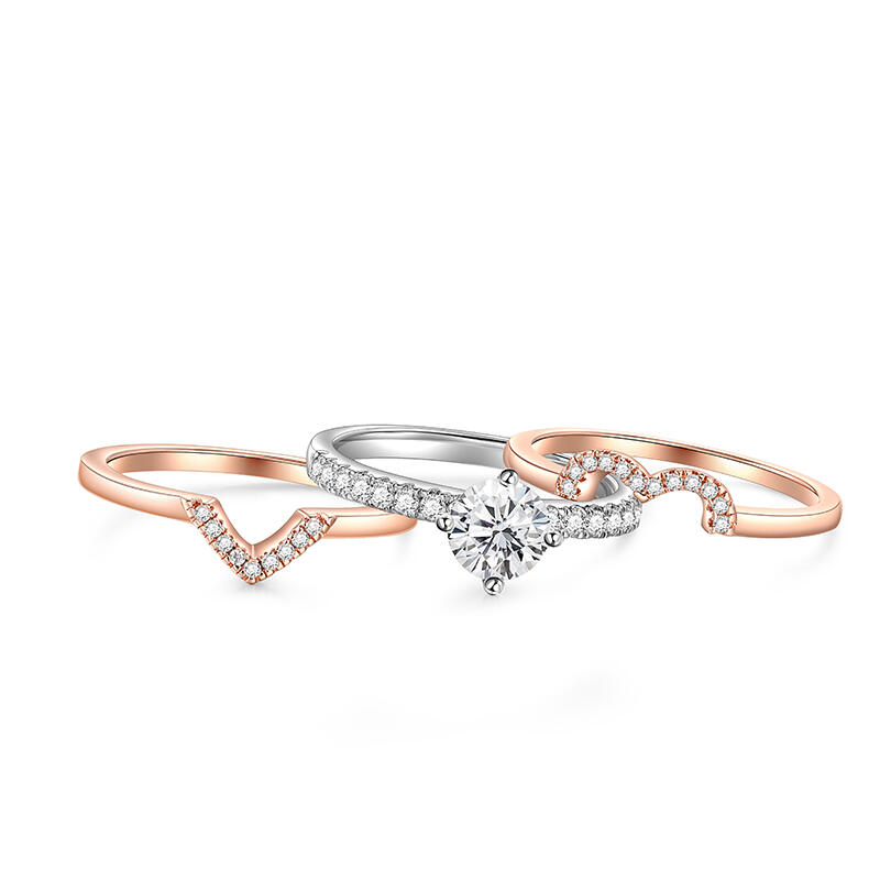 Jeulia Simple Two Tone Three Ring Set Round Cut Sterling Silver