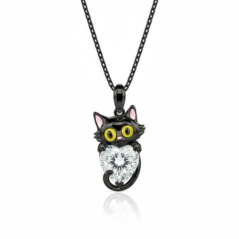 Jeulia Hug Me Custom Birthstone Black Cat Necklace