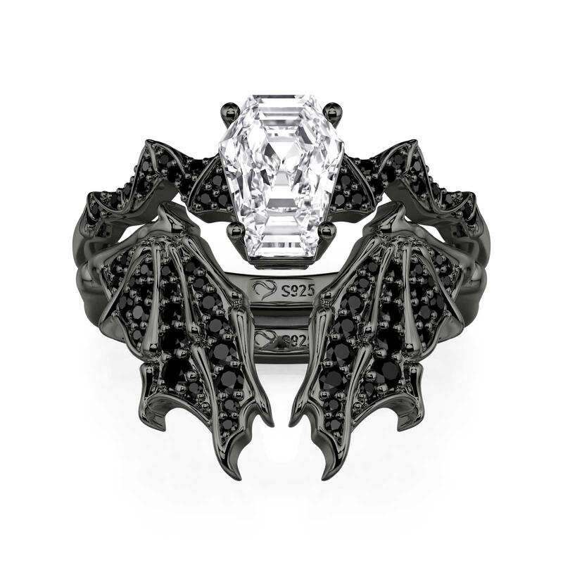 Jeulia Gothic Black Bat Coffin Cut Engagement Ring Set