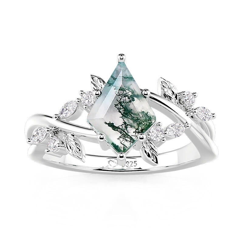 Jeulia Leaf Kite Cut Moss Agate Engagement Ring