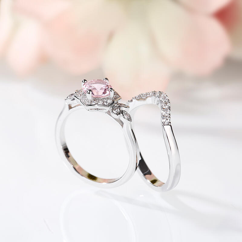 Jeulia Flower Design Round Cut Synthetic Morganite Sterling Silver Ring