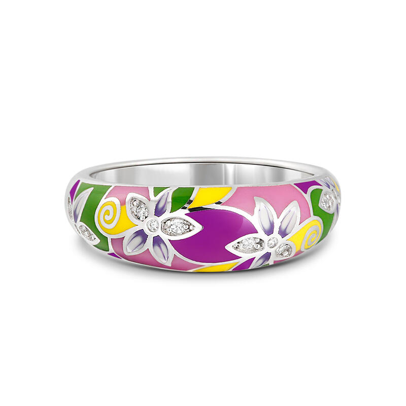Jeulia "Charming Flower" Multicolored Enamel Sterling Silver Women's Band