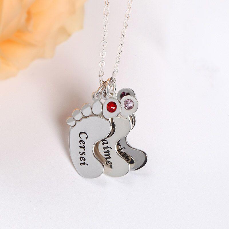 Jeulia Engraved Baby Feet Family Necklace with Birthstones Sterling Silver
