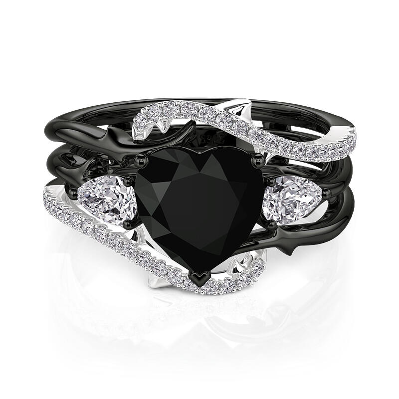 Jeulia Black Heart Thorns Three Stone Ring Set