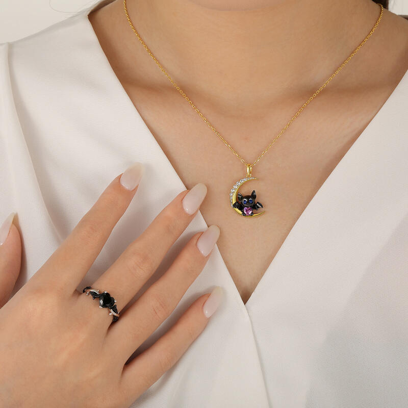 Jeulia Moon Hugers Custom Heart Birthstone Bat Necklace