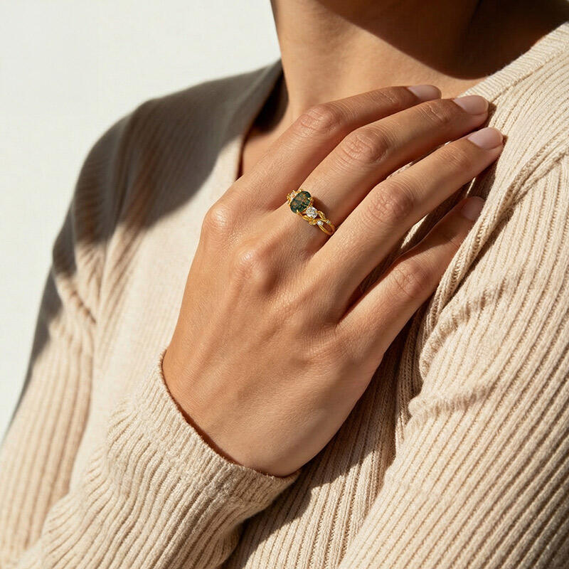 Jeulia Bypass Oval Moss Agate Engagement Ring